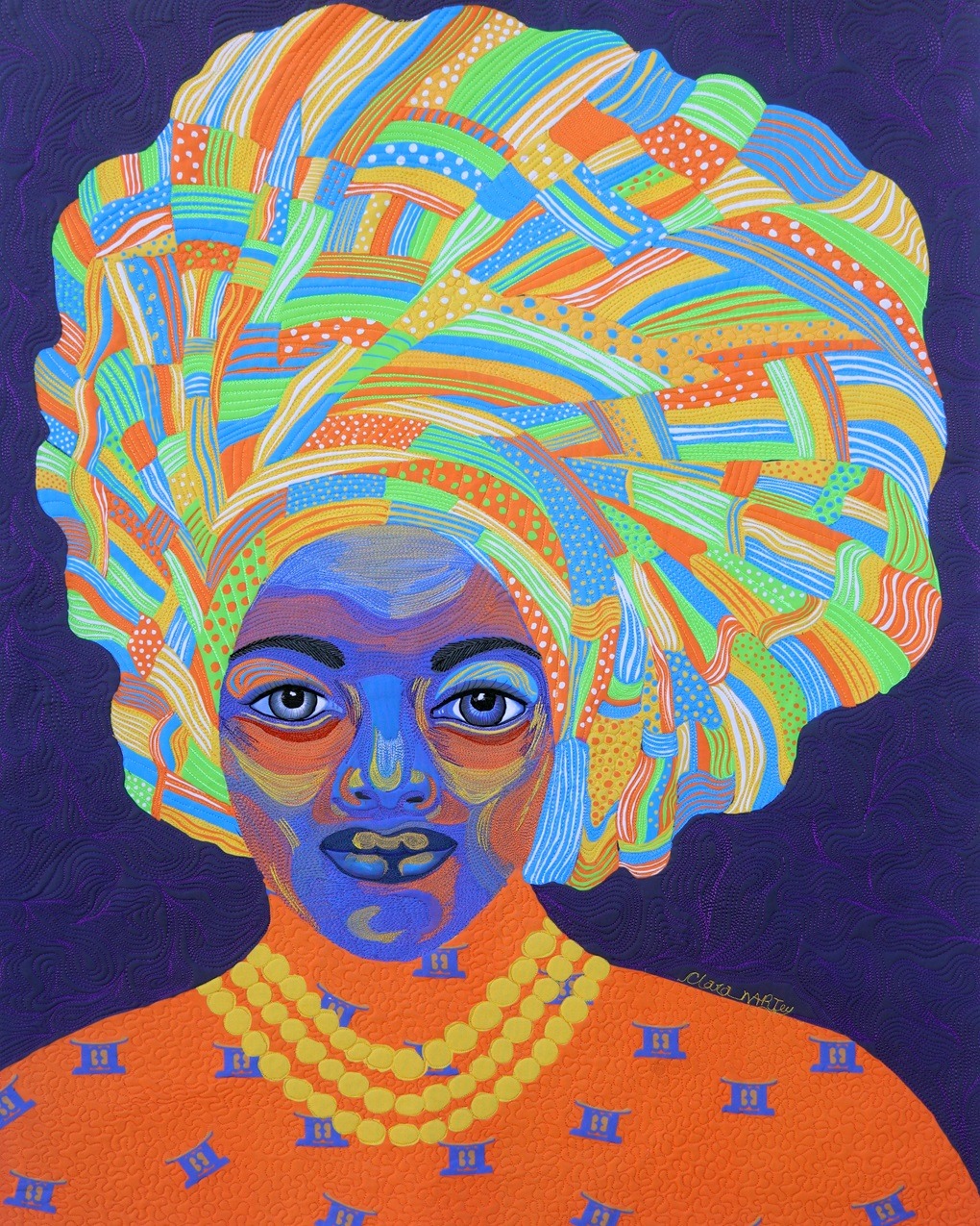 Clara Nartey, Gele: The Skyscraper, 2021. 102cm x 76cm (40" x 30"). Digital painting, free machine embroidery, quilting. Thread ink, cotton.