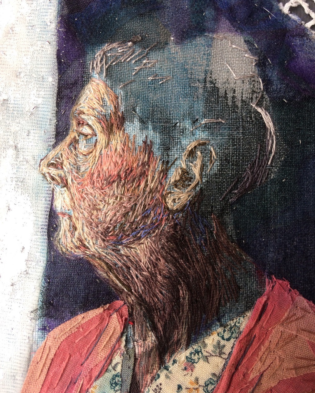 Lesley Wood, Furnished with Memories (detail), 2019. 46cm x 36cm (18" x 14"). Hand embroidered fabric collage. Vintage tray cloth, sheer fabrics, scraps of assorted fabrics, paint, embroidery threads.