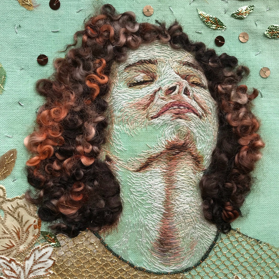 Lesley Wood, Time To Smell The Roses (detail), 2022. Overall size approximately 60cm x 40cm (23½" x 15½"). Hand embroidered fabric collage. Vintage tray cloth, embroidery threads, scraps of metallic fabric, net, plastic table cloth, foil, sequins, Wensleydale wool tops.