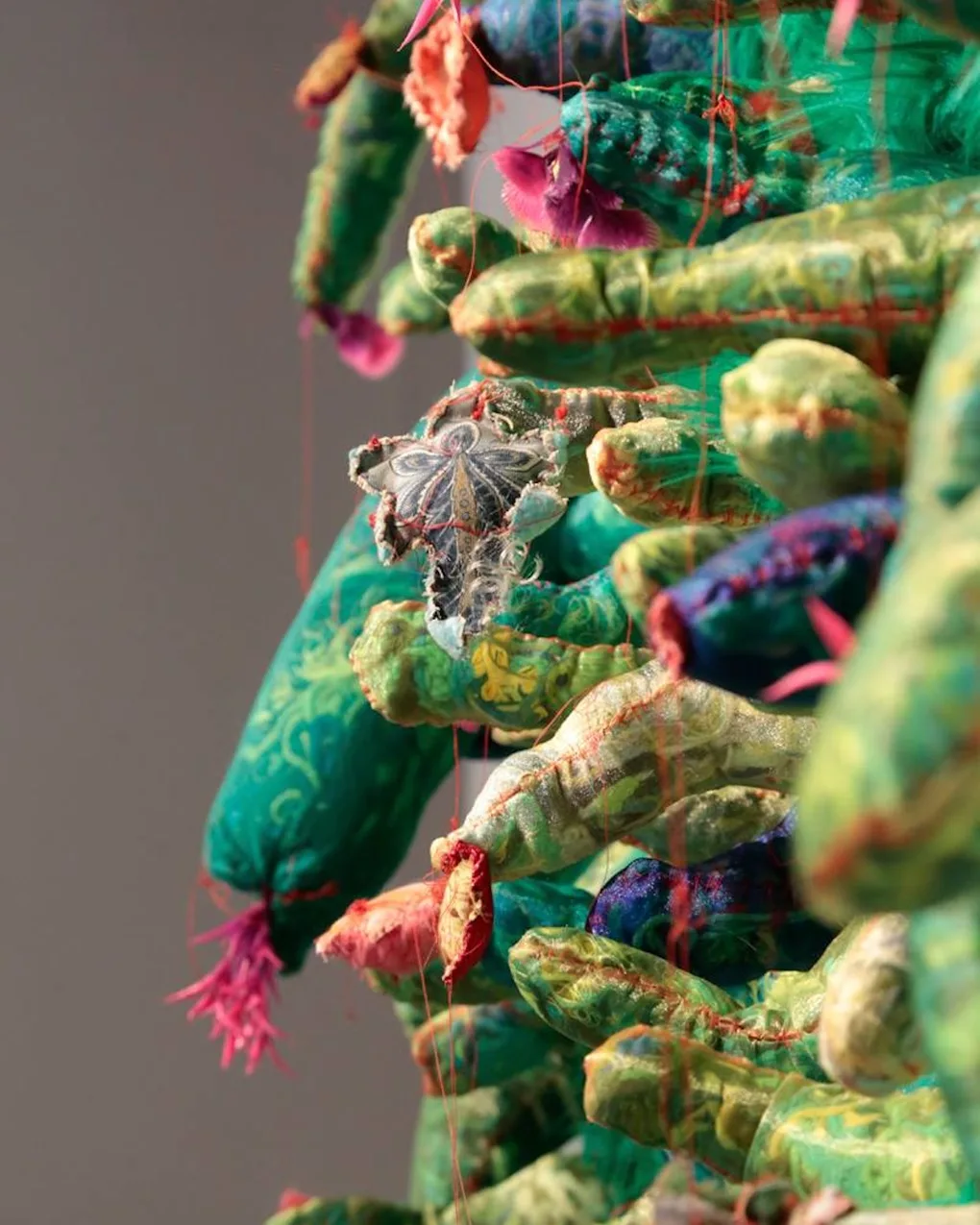 Kelly Boehmer, Floral Tapestry (detail), 2016. 183cm x 122cm (72" x 48"). Hand stitch. Vintage cotton fabric, organza, faux fur, yarn, aquarium plants, canvas.