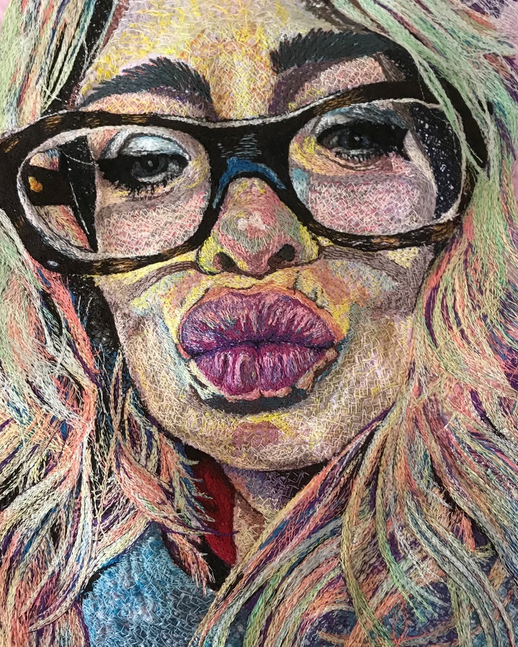 Alison Carpenter-Hughes, Kiss Face, 2020. Size unknown. Free motion embroidery. Thread on cotton.