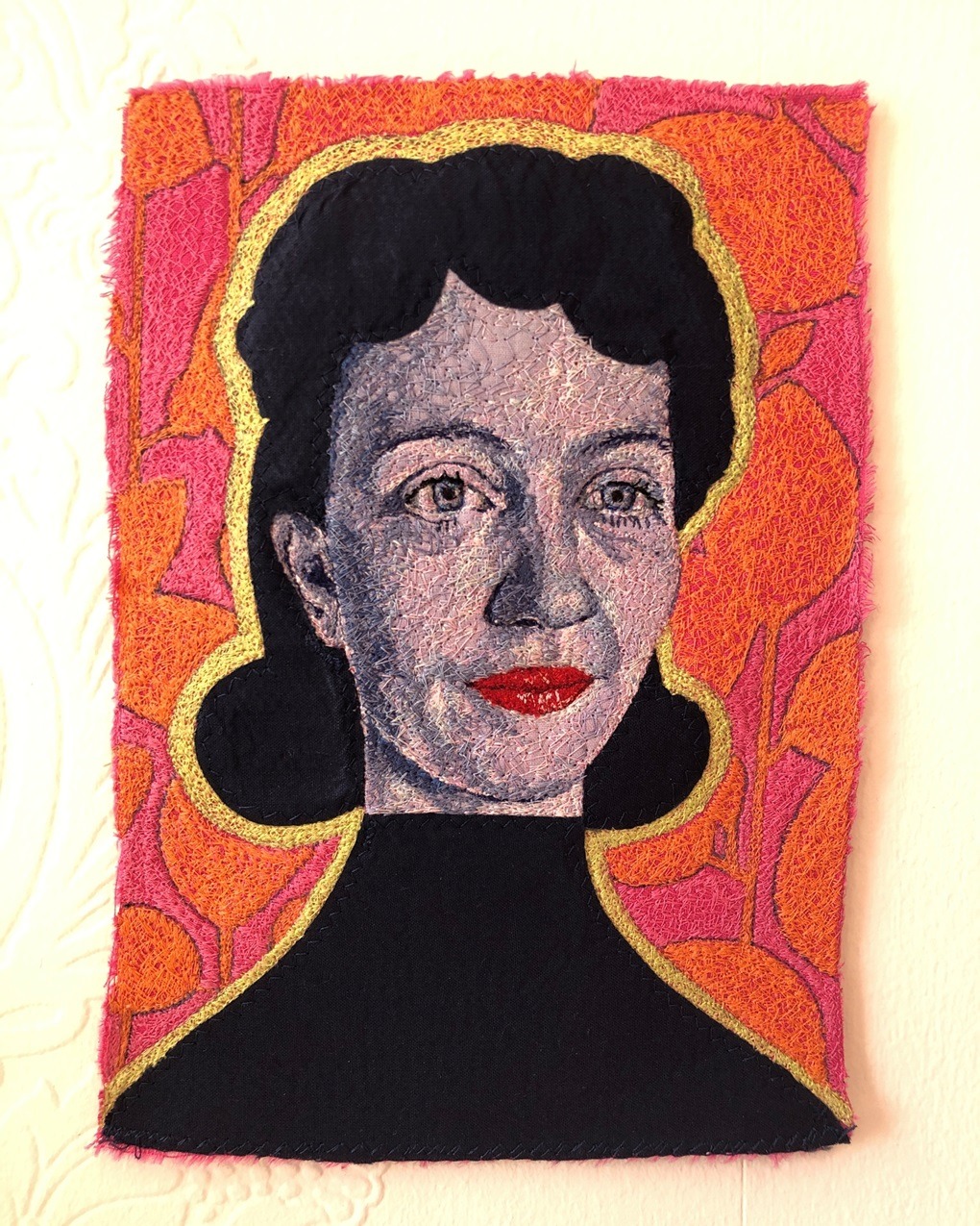 Alison Carpenter-Hughes, Kissed by Neon Lights, 2023. Size unknown. Free motion embroidery. Mixed media.
