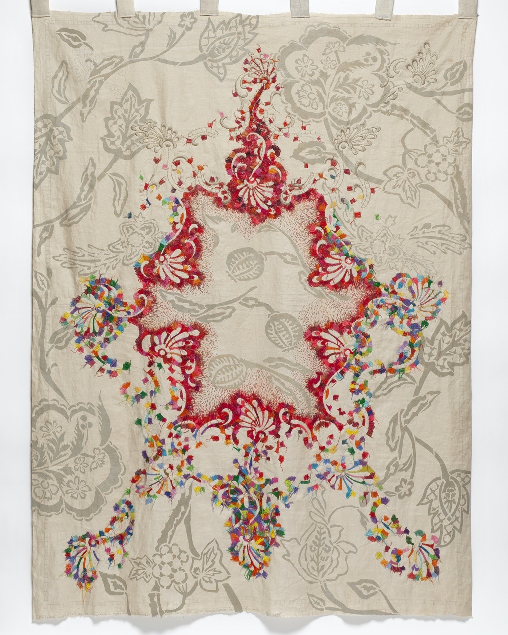 Merill Comeau, Woman Interrupted, 2023. 120cm x 180cm (48" x 70"). Stencilling, hand embroidery. Discarded crewel tablecloth kit, thread, stencil ink. Photo: Will Howcroft Photography.