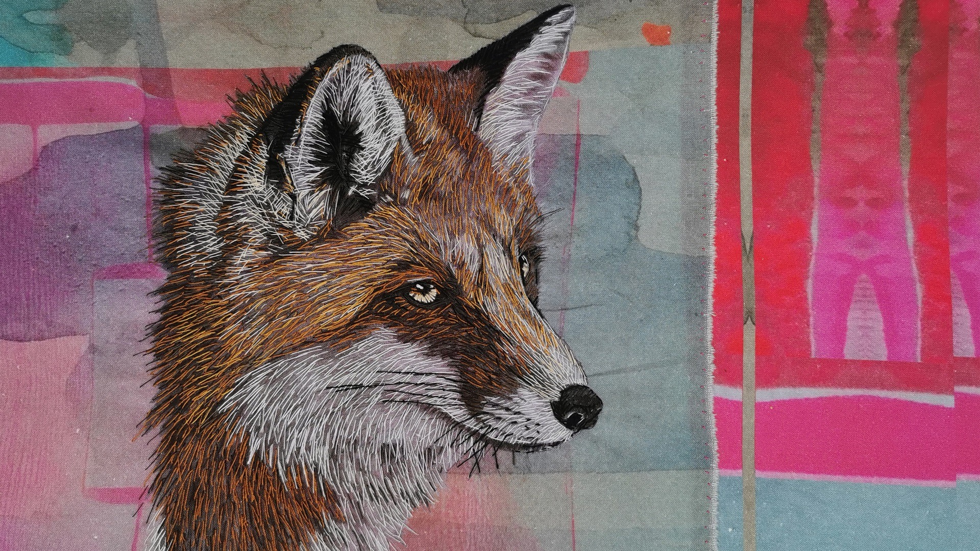 Nigel Cheney, Reynard ii, 2023. 40cm x 30cm (15½" x 12"). Digital print, hand stitch. Digitally printed cotton, polyester and cotton thread.
