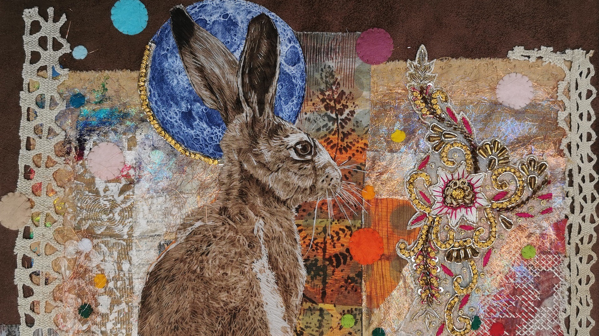 Nigel Cheney, It's a Kind of Magic, 2023. 40m x 30cm (15½" x 12"). Digital print, hand stitch. Vintage fabrics, embellishments, haberdashery, digitally printed cotton, cotton and polyester thread, felt spots.