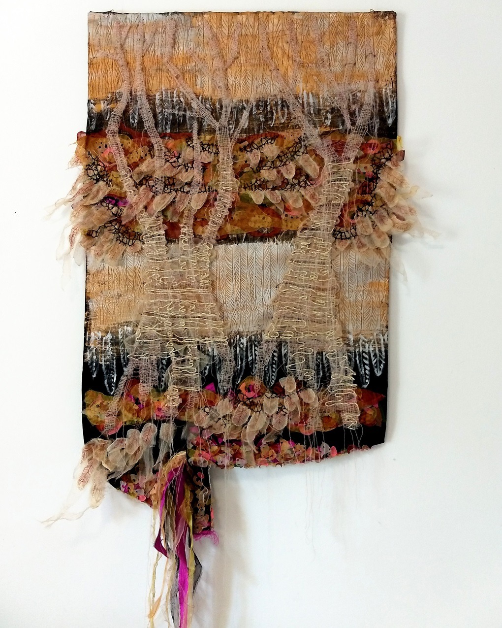 Olga Teksheva, Realm on Rocks: Pico The Woodpecker, 2021. 67cm x 150 cm x 5cm (26" x 59" x 2"). Hand weaving, hand embroidery, textile collage. Felt base, wooden reinforcement structure, metal wire, wool fibres, acrylic fibres, satin, chiffon, beading, acrylic paint.