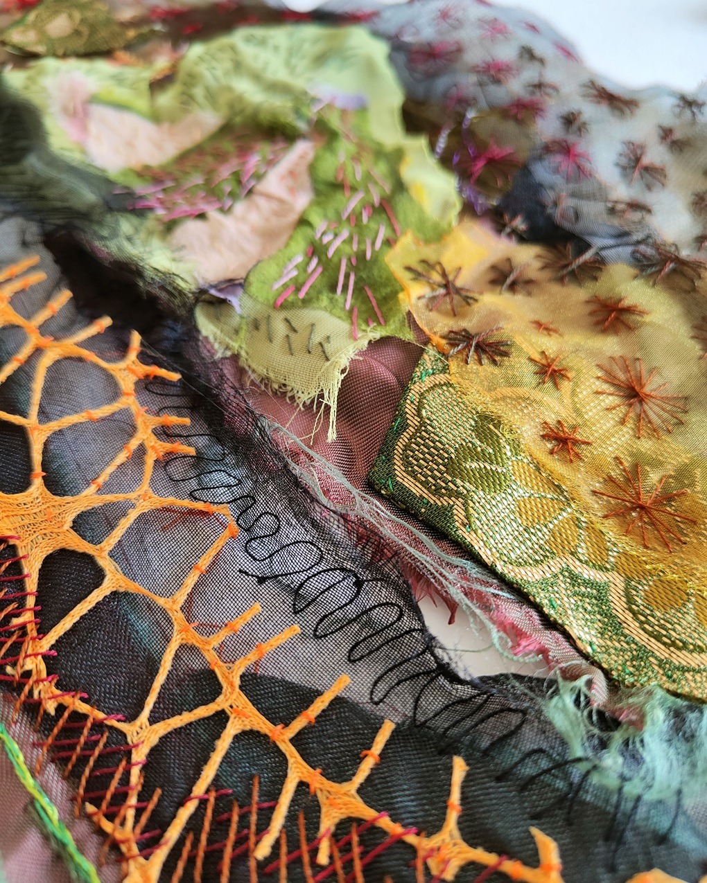 Olga Teksheva, Hidden Treasures (detail), 2021-ongoing. 5m x 5m x 5m (16' x 16' x 16'). Crochet, hand embroidery, textile collage. Fishing thread, metal wire, chiffon, lace, vintage Japanese brocades.