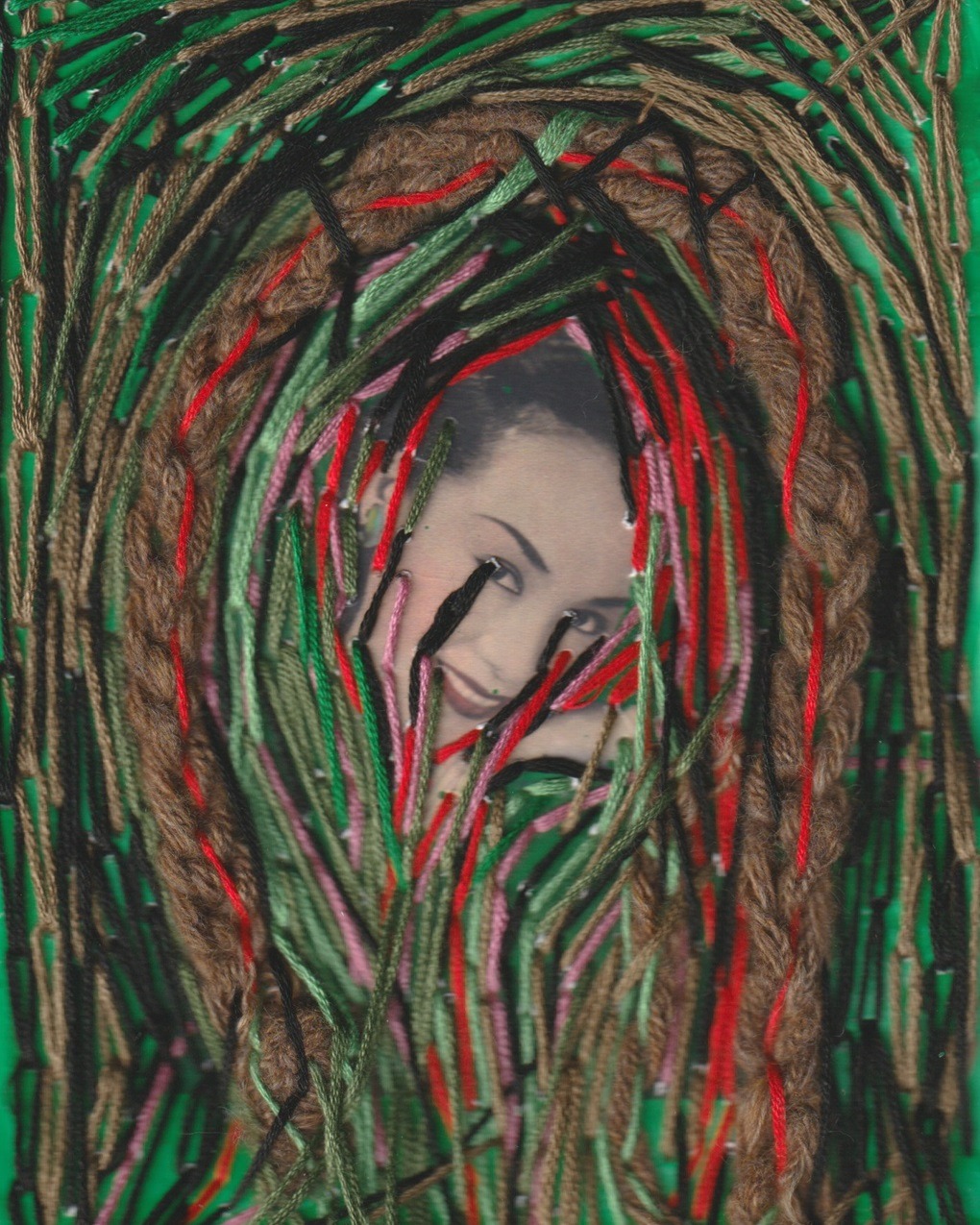 Nicole Chui, Out of the Woodwork, 2023. 13 x 16cm (5" x 6"). Paint, hand embroidery, crochet. Acrylic paint, wool yarn, six strand cotton embroidery thread, card paper.