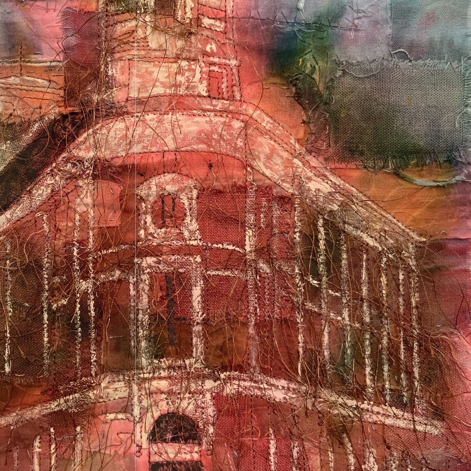 Ruth Norbury, What Then Is Time? (detail), 2021. Approximate size 46cm x 60cm (18” x 23.6”). Mixed fabrics, dye, acrylic paint. Hand and machine embroidery, dyeing.