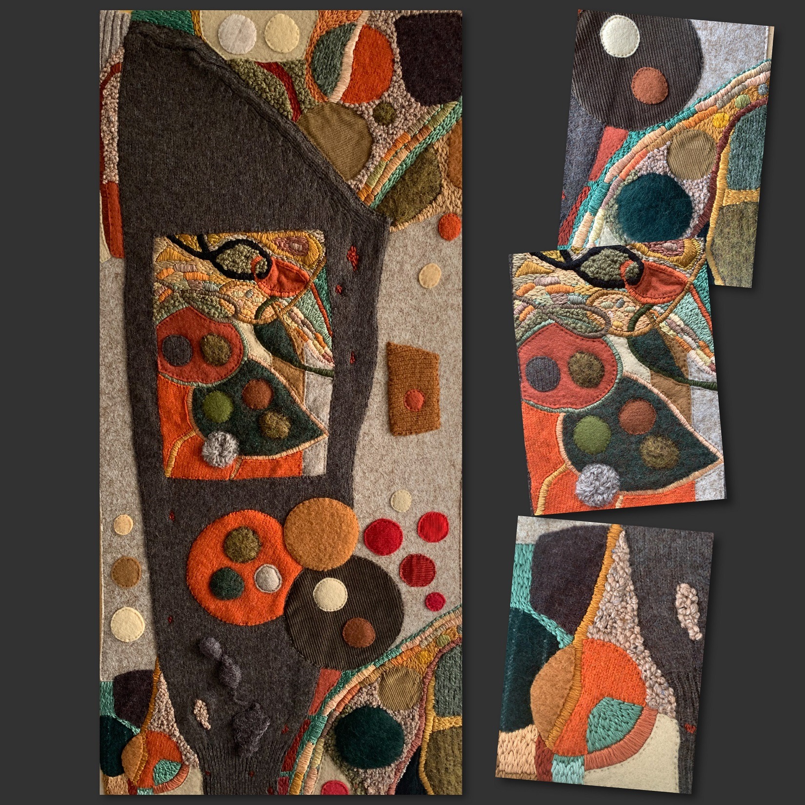 Sabine Kaner, Around The Brown Sleeve, 2021. 41cm x 70cm (16” x 28”). Hand sewing, felting, embroidery, paint, appliqué. Repurposed jumpers, felt, boiled wool, cord, wool and embroidery threads.