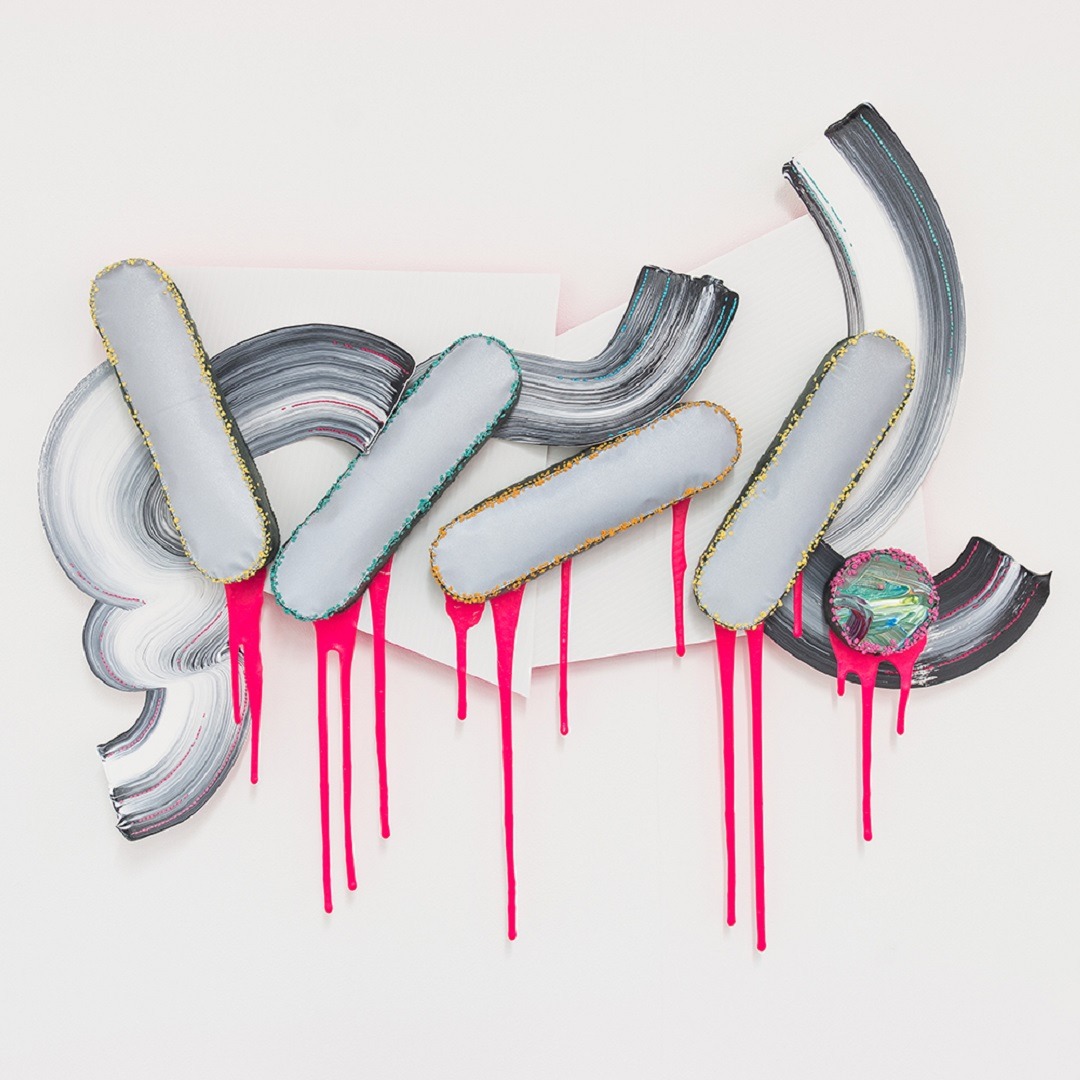 Sam Owen Hull, FloW/21, 2021. 86cm x 80cm (34" x 31½"). Painting, embroidery, collage, assemblage. Acrylic, paintskin, paper, polyfil, reflective fabric, felt and embroidery on correx. Photo: Matt J Wilkinson.