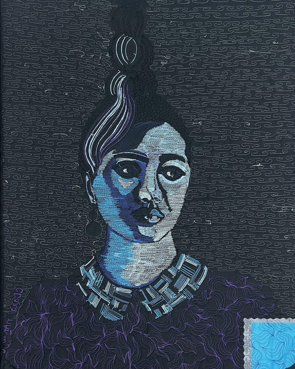 Clara Nartey, Sapphire (back), 2022. 102cm x 76cm (40" x 30"). Digital painting, textile design, free machine embroidery, quilting. Thread, ink, cotton.