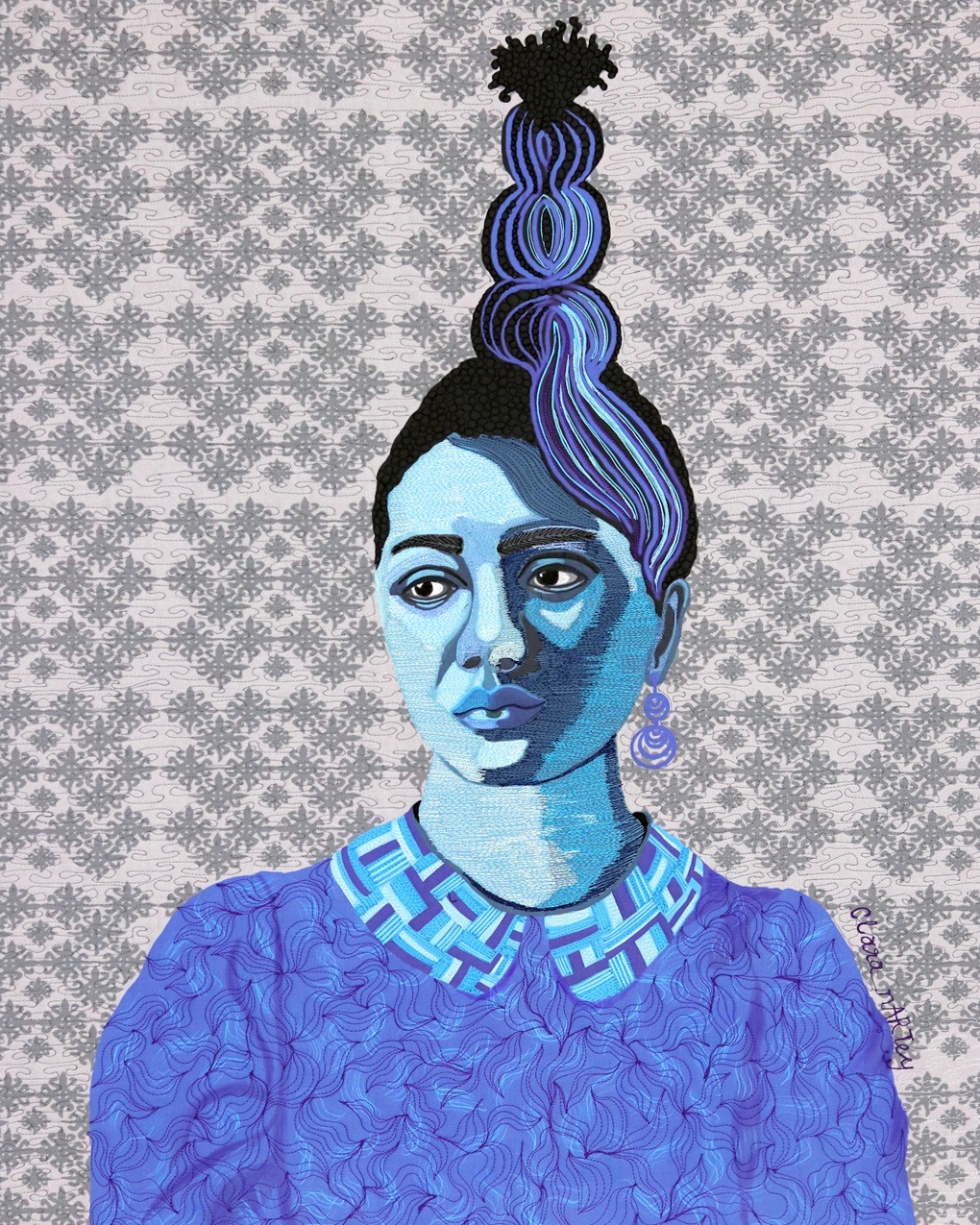 Clara Nartey, Sapphire, 2022. 102cm x 76cm (40" x 30"). Digital painting, textile design, free machine embroidery, quilting. Thread, ink, cotton.