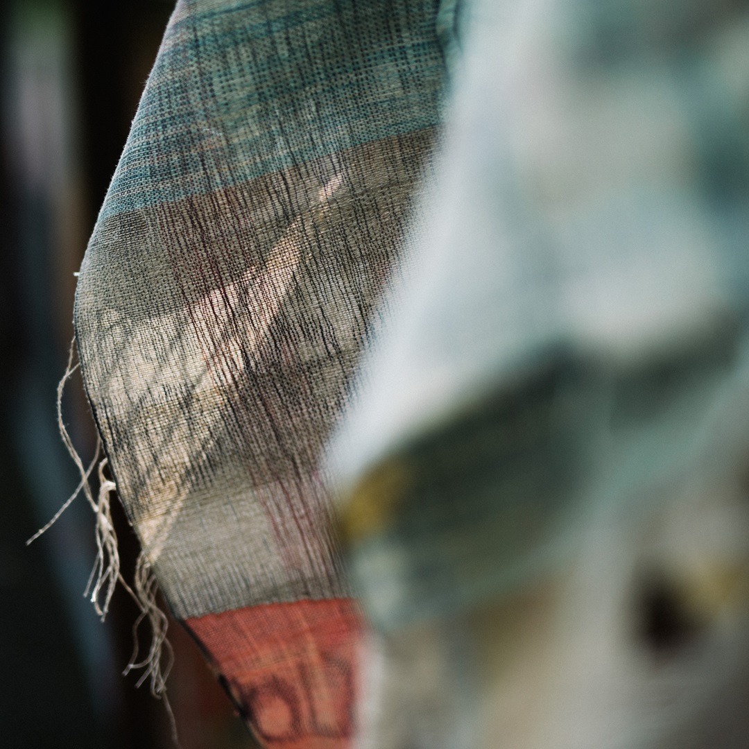 Kate Whitehead, Policy (detail), 2019. 92cm x 82cm (36" x 32"). Salvaged gold, cream, pink, black, dip dyed indigo blue silk warp. Salvaged linen, pink, gold and black silk weft. Photo: Sarah Mason Photography.
