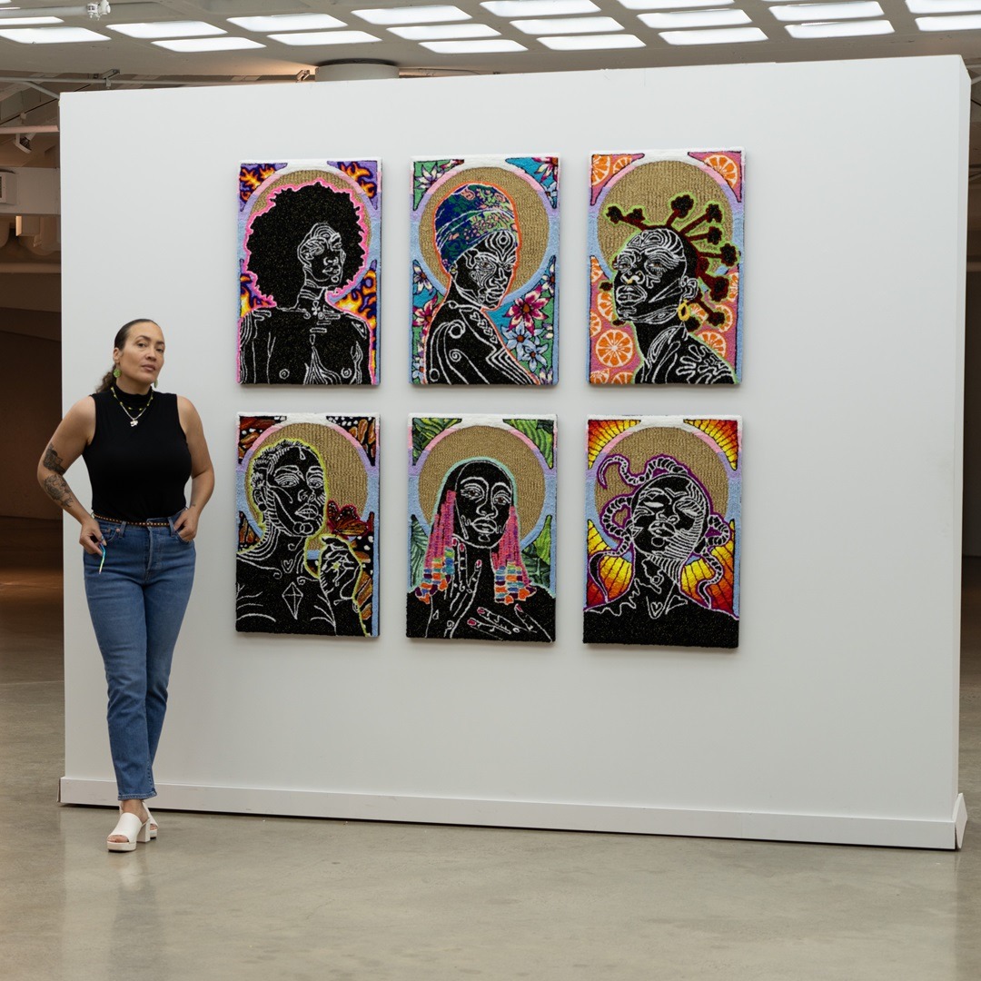 Simone Elizabeth Saunders and the BeLonging portraits, 2023. Each 76cm x 51cm (30" x 20"). Hand tufting. Acrylic, cotton, metallic yarn on cotton rug warp. 