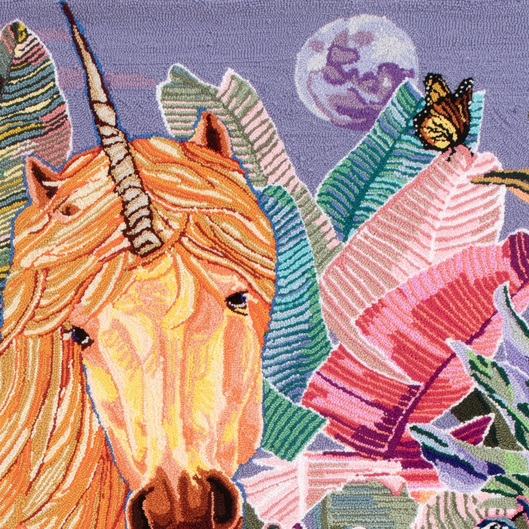 Simone Elizabeth Saunders, Harmony Sings at Dusk (Unicorn series) (detail), 2023. 168cm x 142cm (66" x 56"). Hand tufting. Acrylic, cotton, metallic yarn on cotton rug warp.
