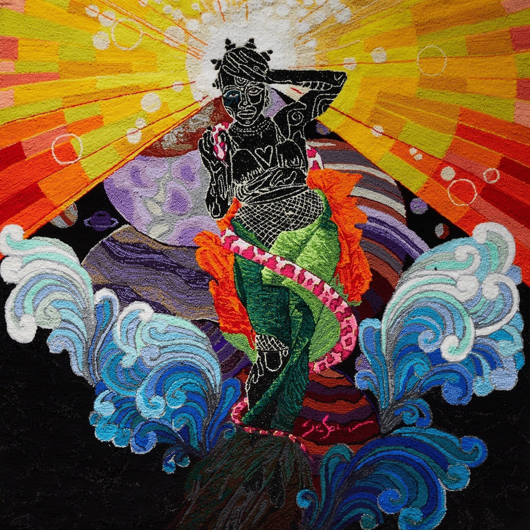 Simone Elizabeth Saunders, Rise Up: Encompass the Galaxy, 2021. 168cm x 164cm (66" x 64½"). Hand tufting. Velvet, acrylic and wool yarn on rug warp.