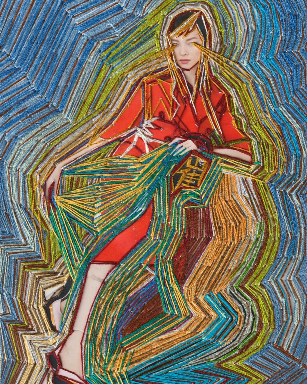 Nicole Chui, Sitting in Resilience, 2021. 22cm x 29cm (9" x 12"). Hand embroidery. Six strand cotton embroidery thread, glossy magazine paper.