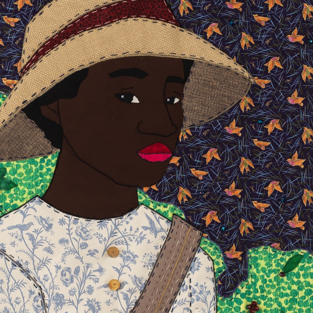 Stephen Towns, All God’s Chillun Got Wings, from A Songbook Remembered collection (detail), 2020. 127cm x 106cm (50" x 42"). Quilting. Natural and synthetic fabric, polyester and cotton thread, crystal glass beads.