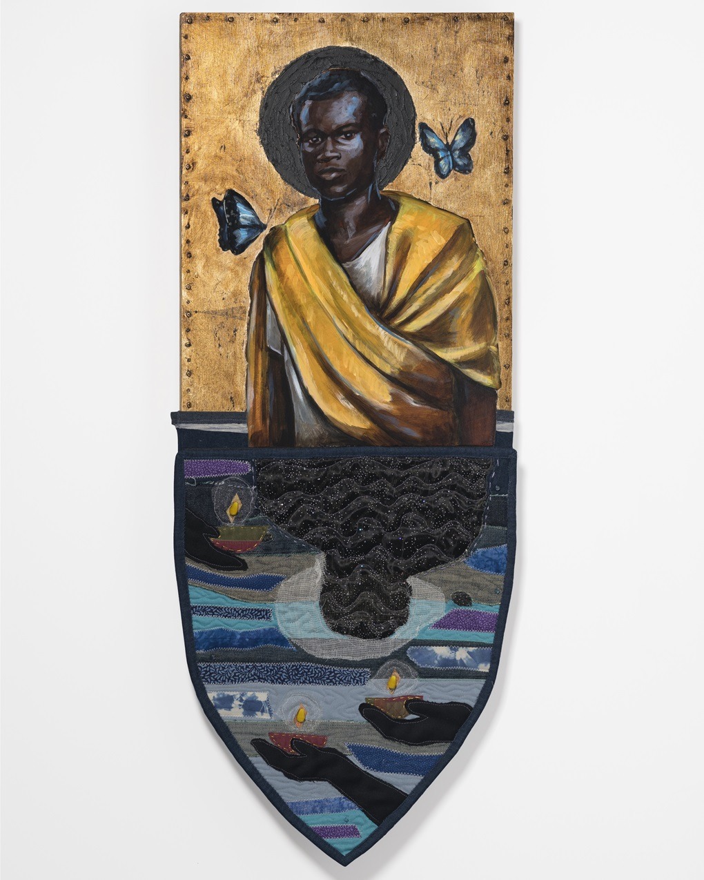 Stephen Towns, An Offering Panel No. 2, from The Offering collection, 2018. 41cm x 125cm (16" x 49"). Painting, quilting. Acrylic and oil paint, graphite, Bristol board, metal leaf, natural and synthetic fibre, nylon tulle, polyester and cotton thread, crystal and glass beads.