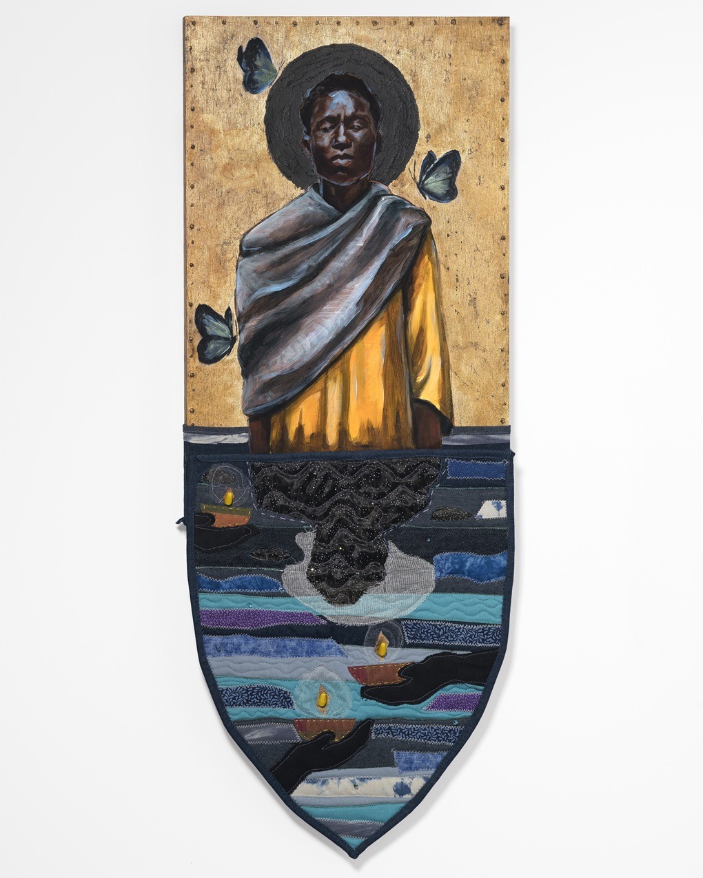 Stephen Towns, An Offering Panel No. 4, from The Offering collection, 2018. 41cm x 125cm (16" x 49"). Painting, quilting. Acrylic and oil paint, graphite, Bristol board, metal leaf, natural and synthetic fibre, nylon tulle, polyester and cotton thread, crystal and glass beads.