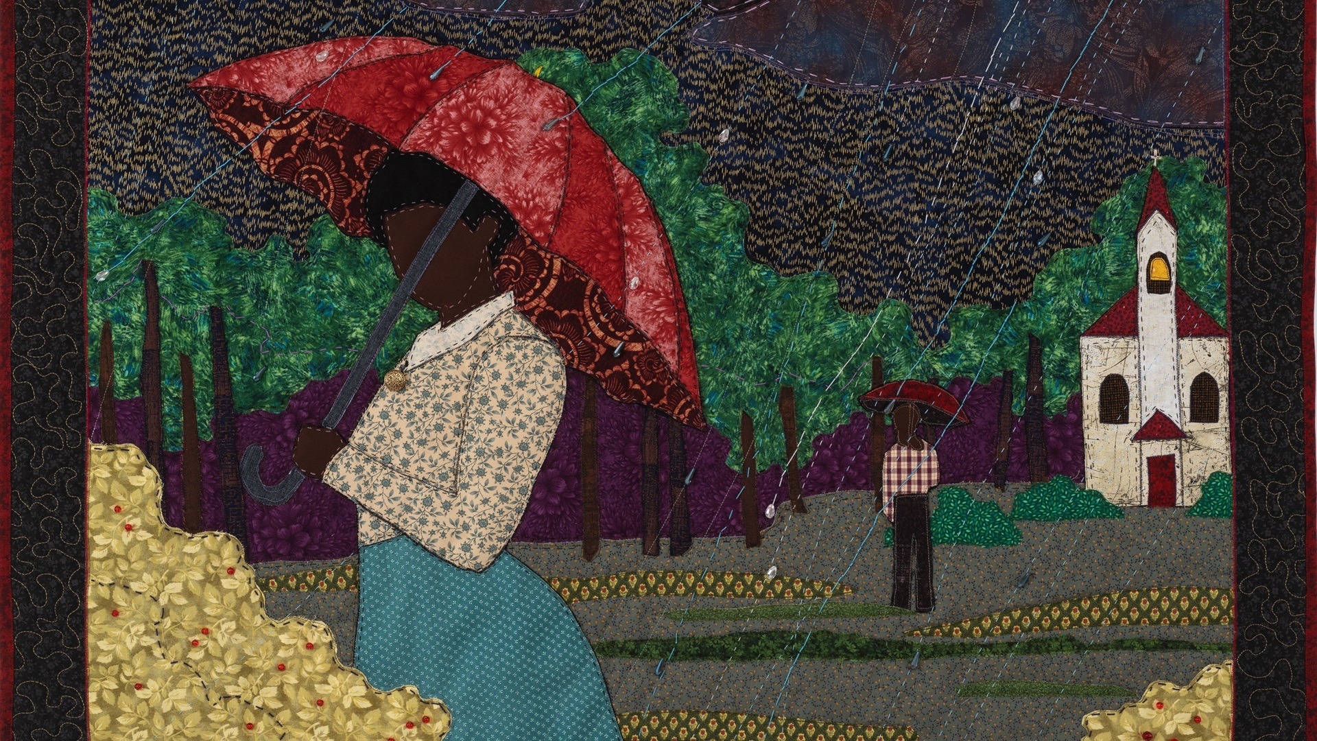Stephen Towns, Let Us Cheer the Weary Traveler, from A Songbook Remembered collection, 2020. 94cm x 193cm (37" x 46"). Quilting. Natural and synthetic fabric, polyester and cotton thread.