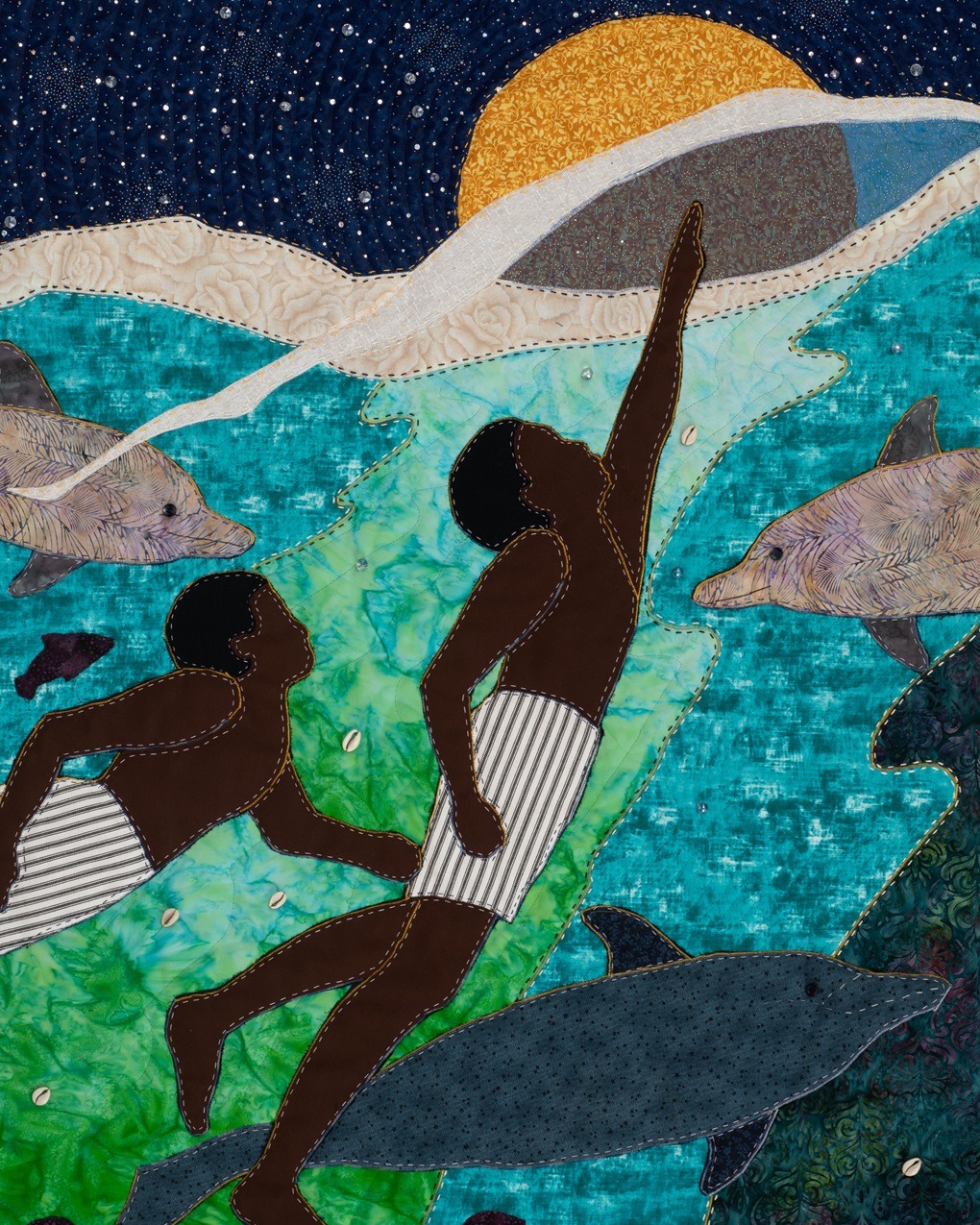 Stephen Towns, Taiwo and Kehinde, from The Twins collection, 2020. 102cm x 127cm (40" x 50"). Quilting. Natural and synthetic fabric, polyester and cotton thread, crystal glass beads.