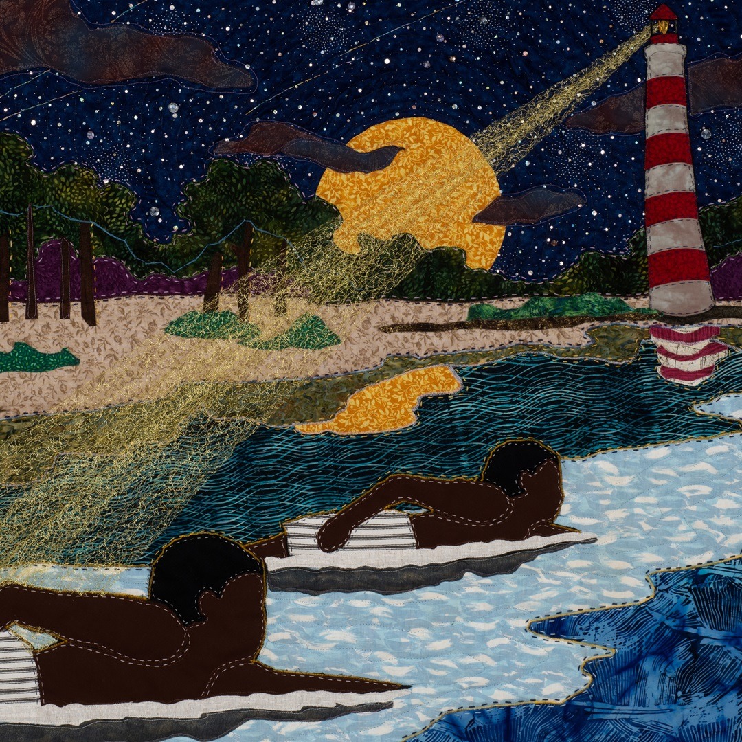 Stephen Towns, Towards the Finish Line, from the Twins collection, 2020. 119cm x 102cm (47" x 40"). Quilting. Natural and synthetic fabric, polyester and cotton thread, crystal glass beads.