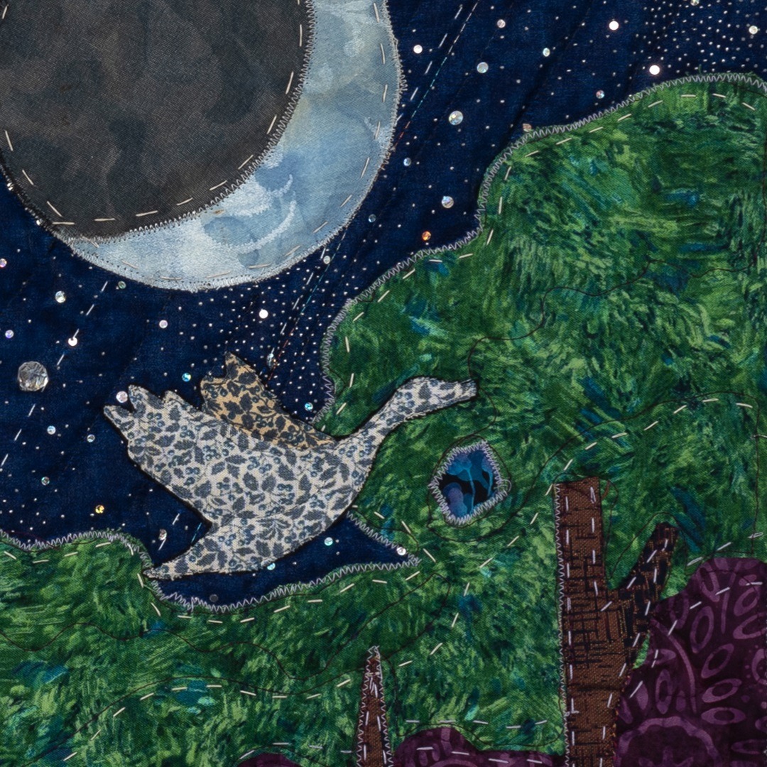 Stephen Towns, We Shall Become Fishers of Men (detail), from The Night Light Fell From the Sky collection, 2019. 86cm x 114cm (34" x 45"). Quilting. Natural and synthetic fabric, polyester and cotton thread, crystal glass beads.
