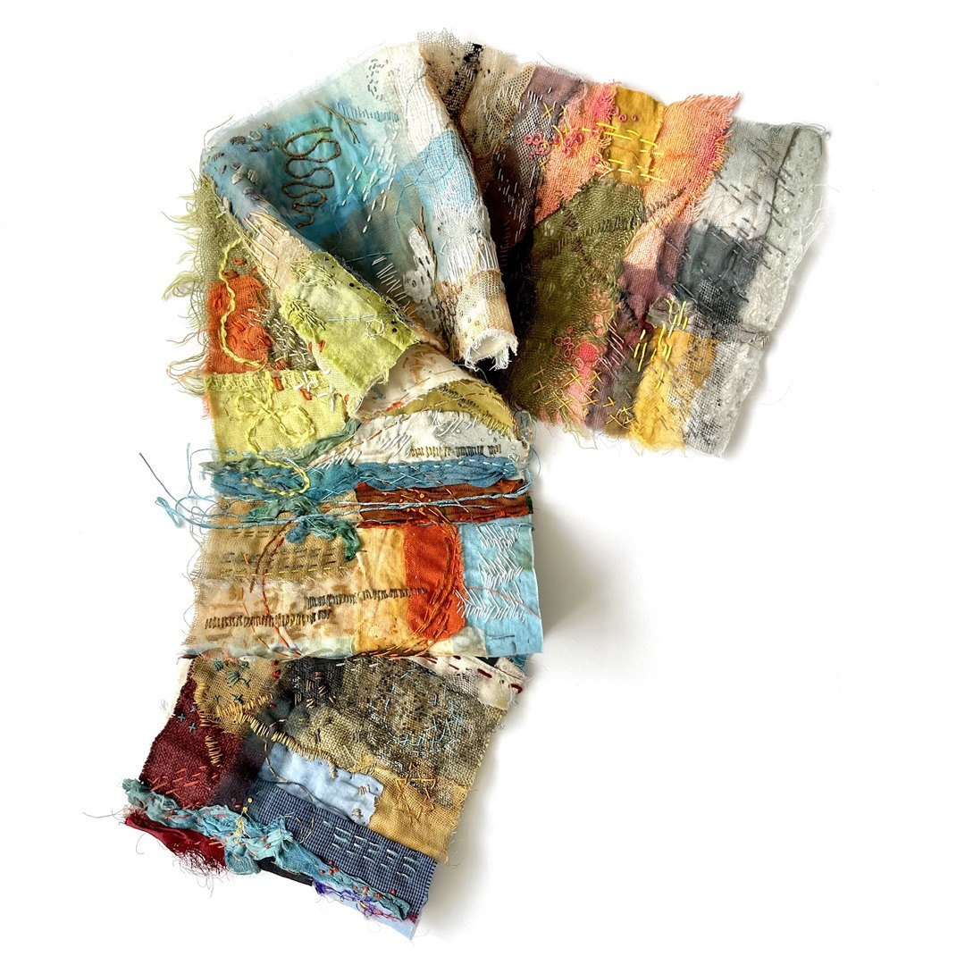 Rachael Singleton, Stitching in Ireland Memory Cloth, 2021. 16cm x 45cm (6" x 18"). Hand stitch. Calico, natural fabrics.