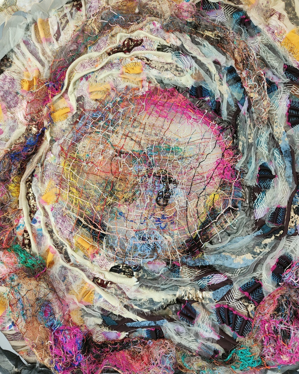 Olga Teksheva, Realm On Rocks: Giano (detail), 2022. 75cm x 78cm x 8cm (30" x 31" x 3"). Hand embroidery, textile collage. Felt base, wooden reinforcement structure, silk, chiffon, nylon, metallized lace, brocade, handmade lace of recycled threads.