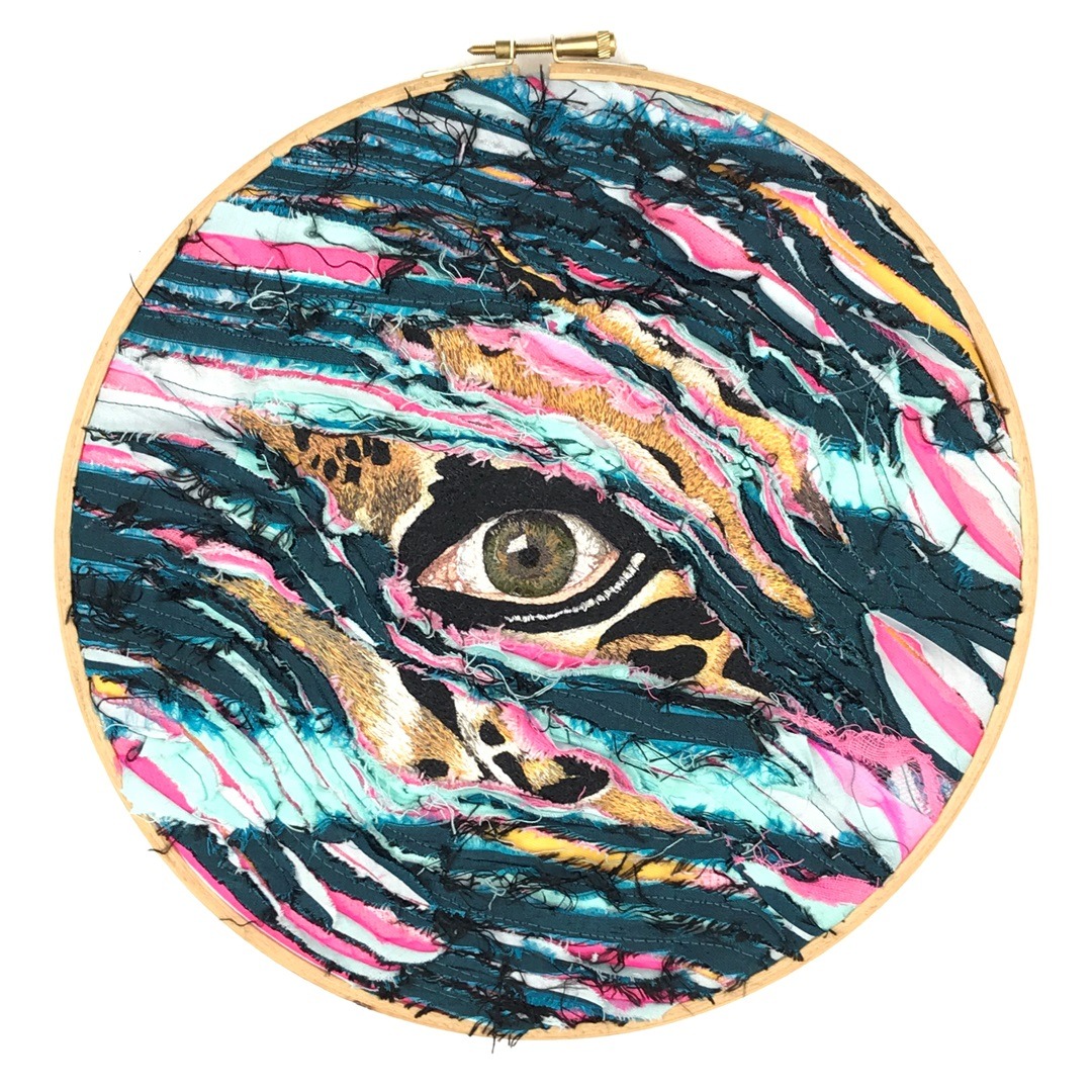 Alison Carpenter-Hughes, The Heart of Her Wild, 2020. 23cm (9") diameter. Free motion embroidery and slashing. Mixed media.