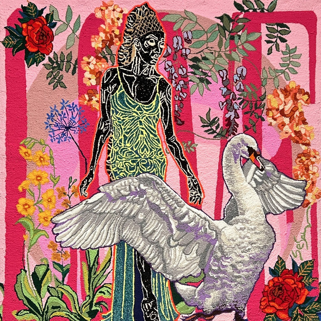 Simone Elizabeth Saunders, The Messenger, 2021. 165cm x 156cm (65" x 61½"). Hand tufting. Acrylic, cotton, metallic yarn on cotton rug warp. Collection of the Alberta Foundation for the Art, Canada. 