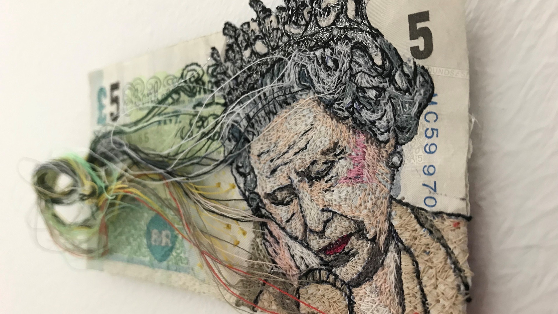 Alison Carpenter-Hughes, Time is a Brisk Wind, 2019. 15cm x 7cm (6" x 3"). Free motion embroidery. Mixed media.