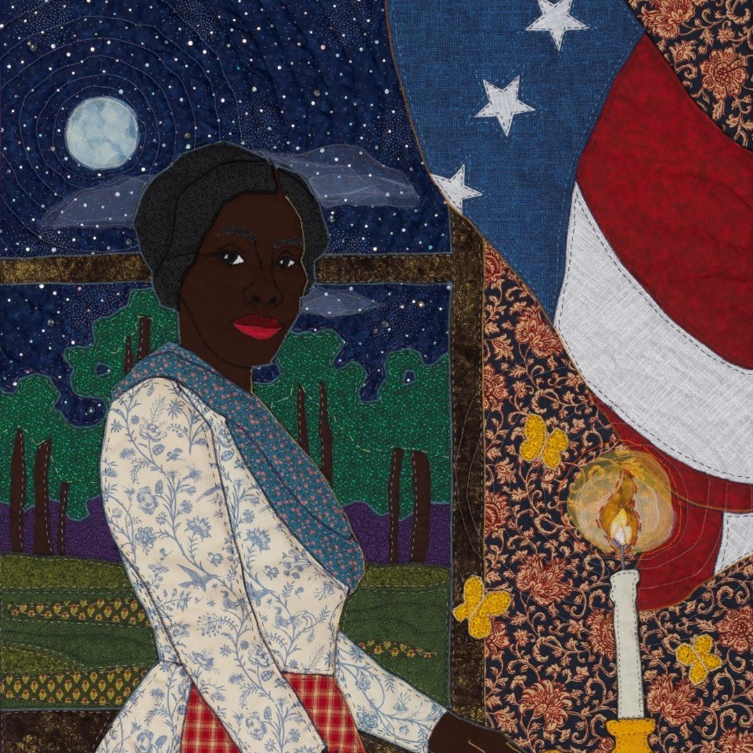 Stephen Towns, Burn the House Down (detail), from the Harriet Tubman collection, 2020. 94cm x 125cm (37" x 49"). Quilting. Natural and synthetic fabric, nylon tulle, polyester and cotton thread, metallic thread, crystal glass beads, buttons