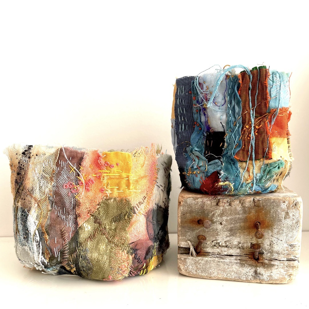 Rachael Singleton, Two Memory Cloth Vessels, 2021. 16cm x 14cm, 12cm x 12cm (6" x 5.5", 5" x 5"). Hand stitch. Decovil 1 interlining base, calico, natural fabrics.