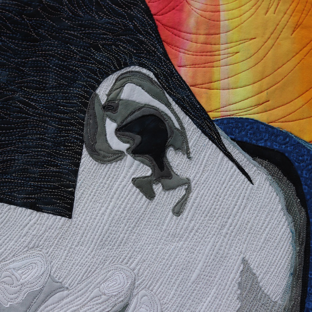 Clara Nartey, Whirlwind Thoughts (detail), 2016. 76cm x 112cm (30" x 44"). Fabric dyeing, appliqué, free machine embroidery, quilting. Hand dyed cotton, commercial fabrics, thread.