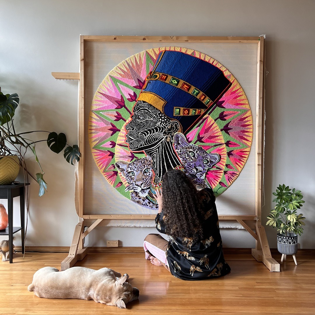 Simone Elizabeth Saunders, Worthy (work in progress), 2022. 163cm (64") diameter. Hand tufting. Acrylic, velvet, cotton, metallic yarn on cotton rug warp. Collection of the Weisman Museum, Minneapolis.