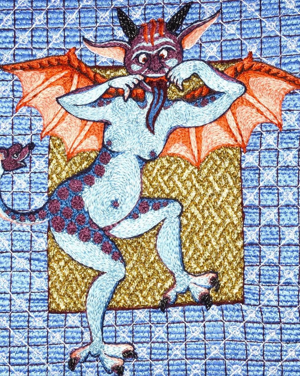 Tanya Bentham, Book Cover – Ericx the Demon, 2022. 20cm x 25cm (8" x 10"). Hand stitch. Silk, metal. Photo: Crowood Press.