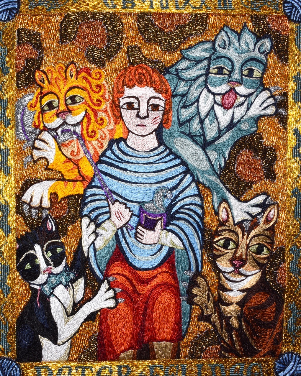 Tanya Bentham, Cat Daddy, 2023. 20cm x 25cm (10" x 8"). Hand stitch, Silk, gold.