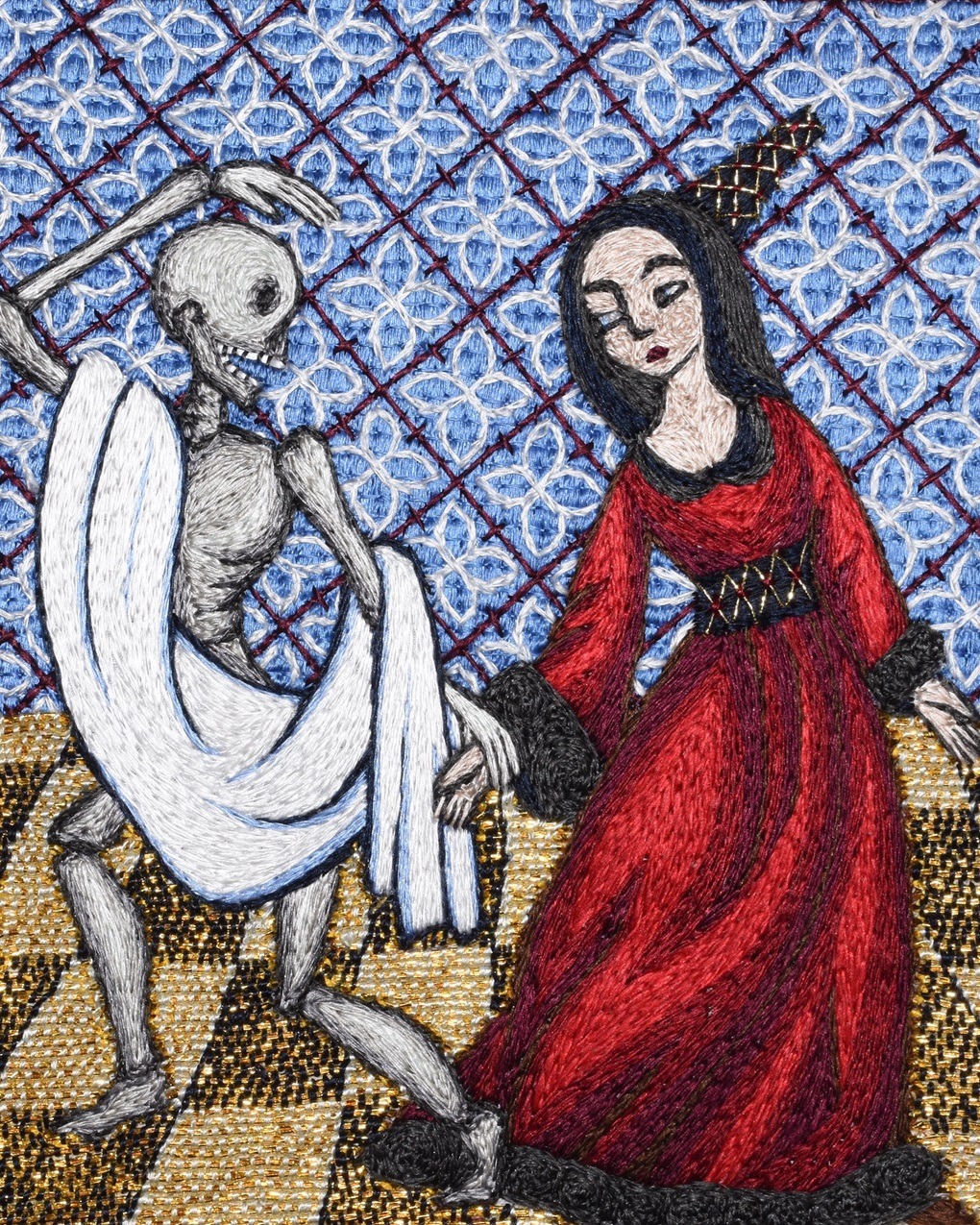 Tanya Bentham, Danse Macabre, 2023. 15cm x 20cm (6" x 8"). Hand stitch. Silk, metal. Photo: Crowood Press.