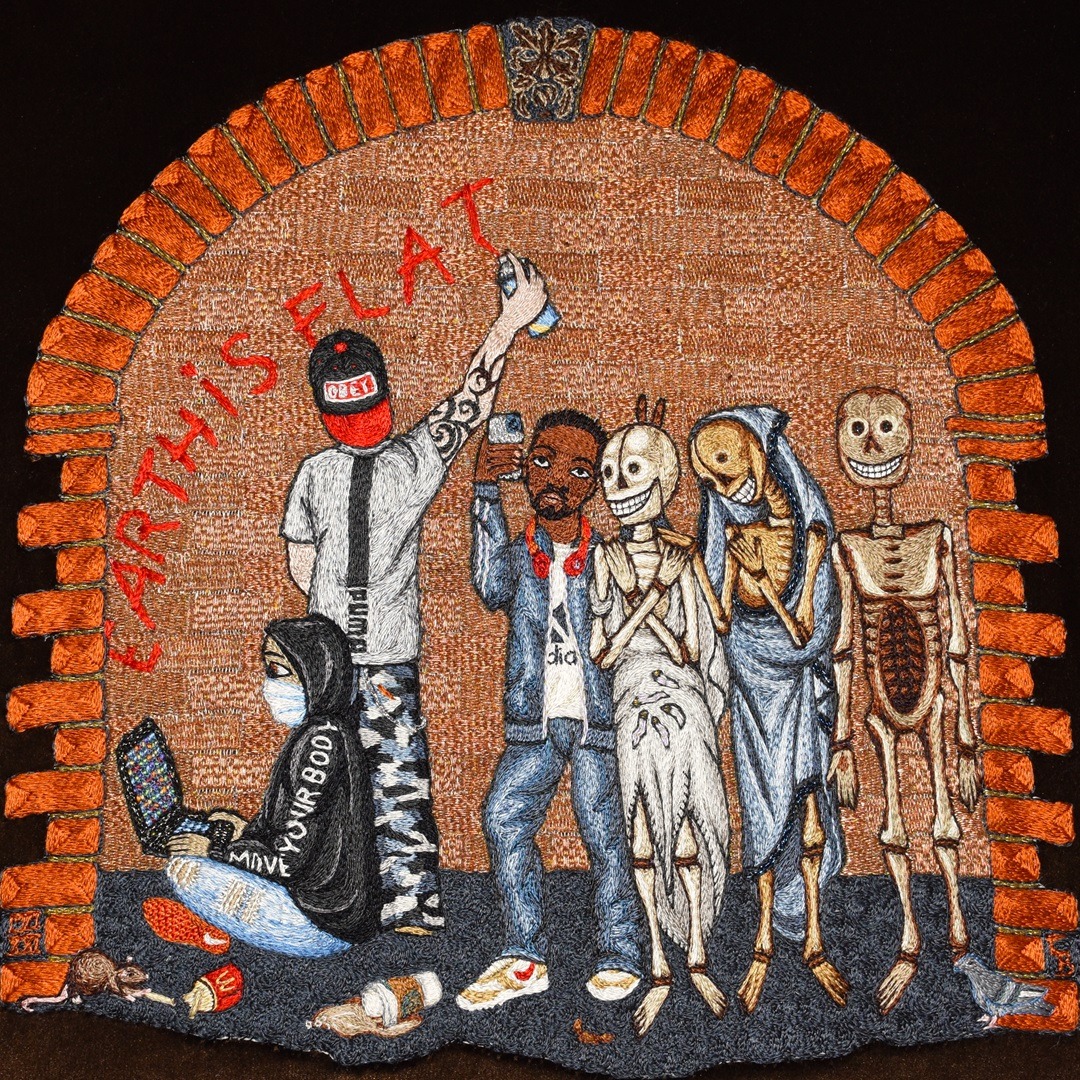 Tanya Bentham, The Three Living and The Three Dead, 2021. 40cm x 30cm (16" x 12"). Hand stitch. Silk, metal.