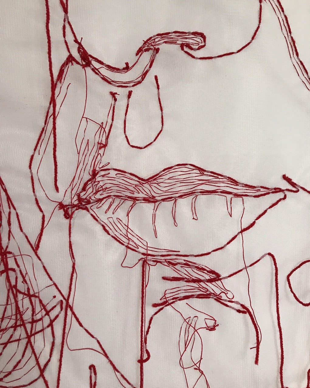 Ewa Cieniak, Red Thread (detail), 2024. One of seven portraits, each 3m x 1.8m (10ft x 6ft). Hand embroidery. Red yarn, repurposed curtain.