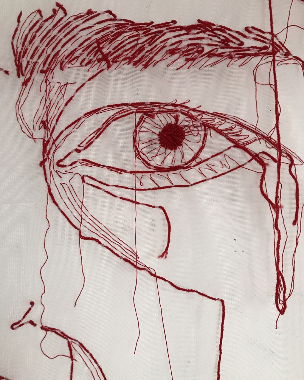 Ewa Cieniak, Red Thread (detail), 2024. One of seven portraits, each 3m x 1.8m (10ft x 6ft). Hand embroidery. Red yarn, repurposed curtain.
