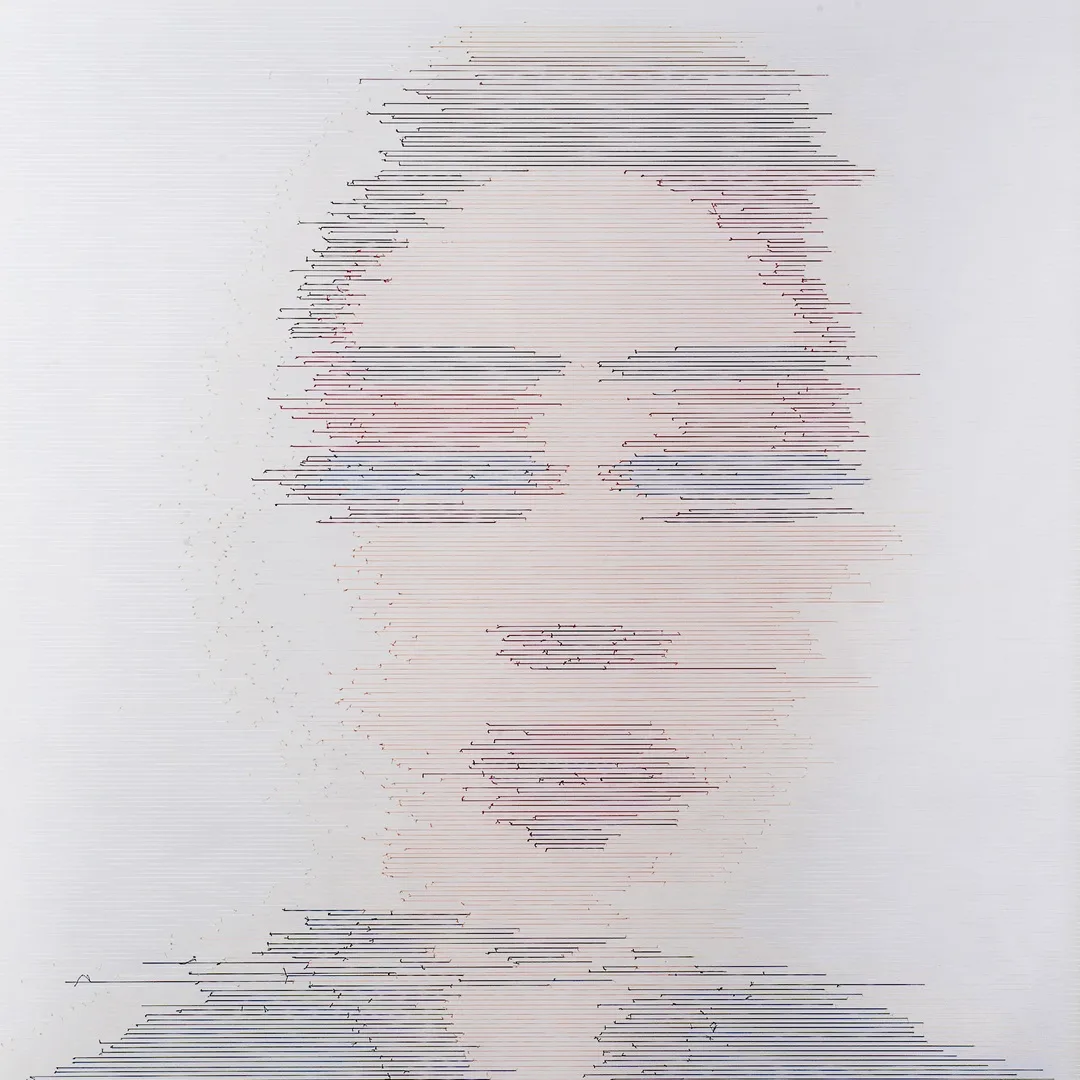 Pamela Campagna, the BIG KNOTTHING_02, 2016. 150cm x 150cm (59" x 59"). Partition of polyester threads on wooden frame. 