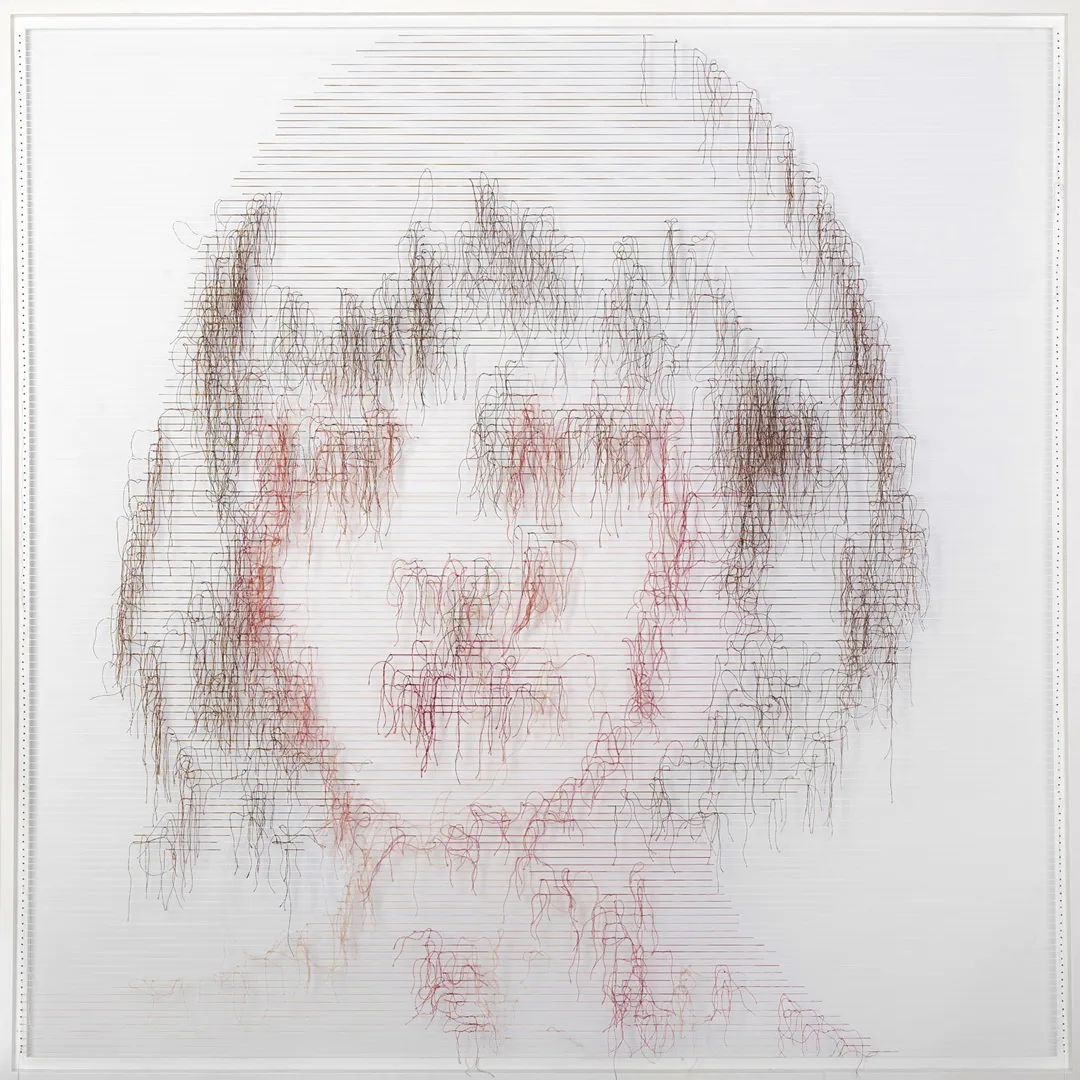 Pamela Campagna, the BIG KNOTTHING_04 before, 2017. 150cm x 150cm (59" x 59"). Partition of polyester threads on wooden frame. 