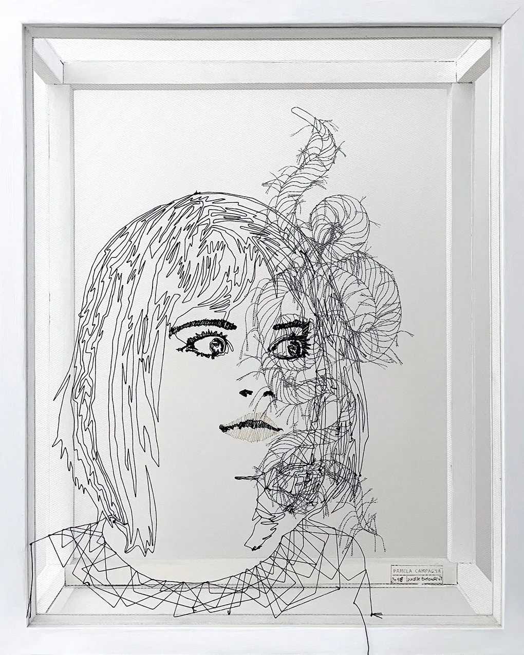 Pamela Campagna, DOUBLE EXPOSURE_07, 2018. 41cm x 51cm x 14cm (16" x 20" x 6"). Embroidery. Tulle, polyester thread, wood.