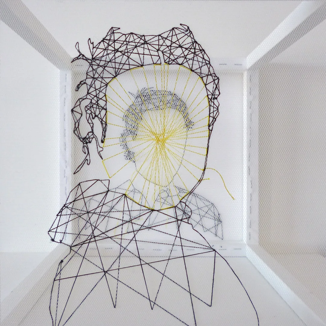 Pamela Campagna, GOD is made of 2_00, 2015. 40cm x 40cm x 40 cm (16" x 16" x 16"). Embroidery. Tulle, polyester thread, wood.