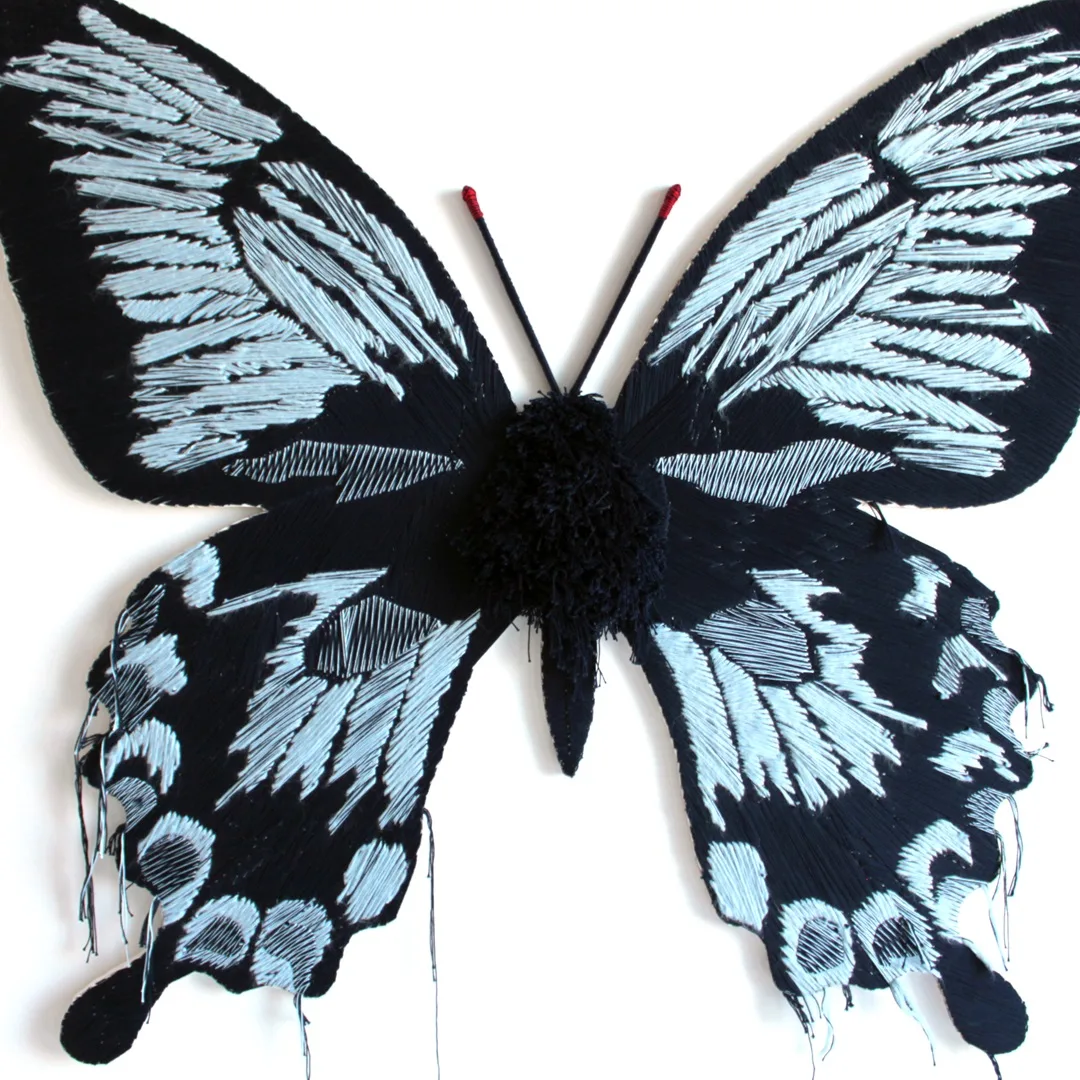 Pamela Campagna, MACROembroidery_02, 2018. 106cm x 125cm (42" x 49"). Brutal embroidery on wood. Various threads.
