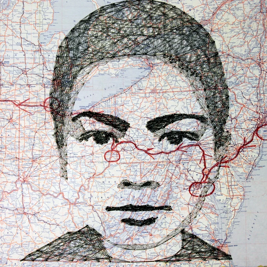 Pamela Campagna, cartograFACE_01, 2020. 50cm x 50 cm (20" x 20"). Network of polyester threads and nails on map. 